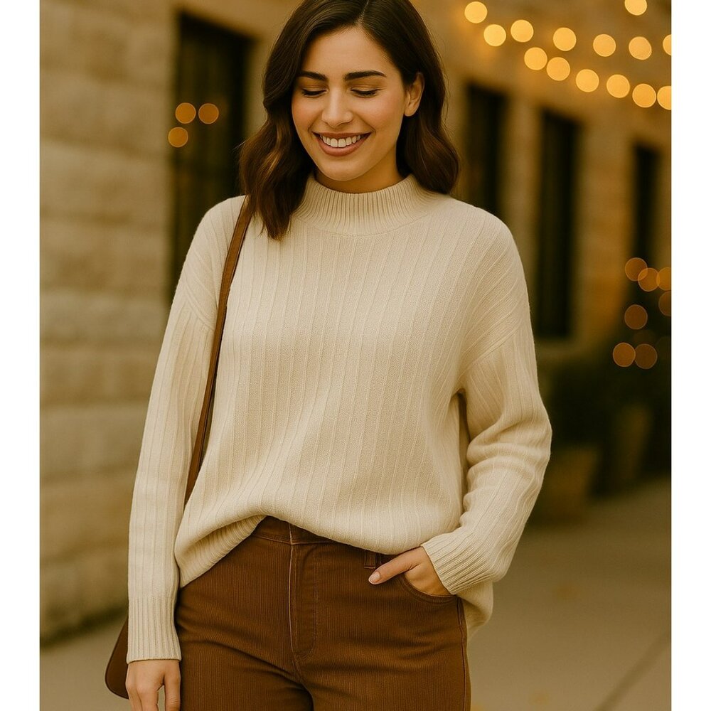 Banana Republic Womens Medium Ribbed Knit Cashmere/Merino Wool Sweater Cream Moc
